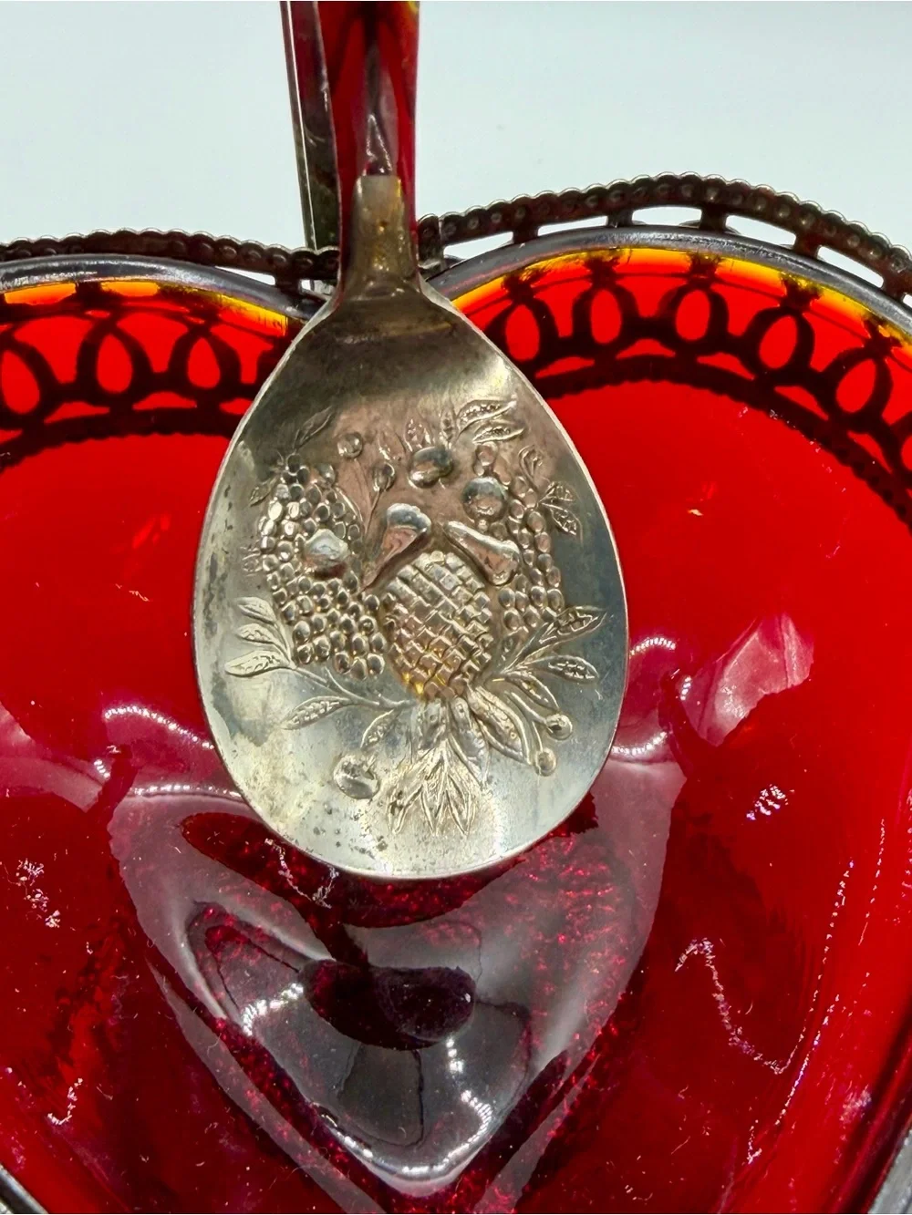 Silver-Tone Red Glass Heart Dish with Spoon